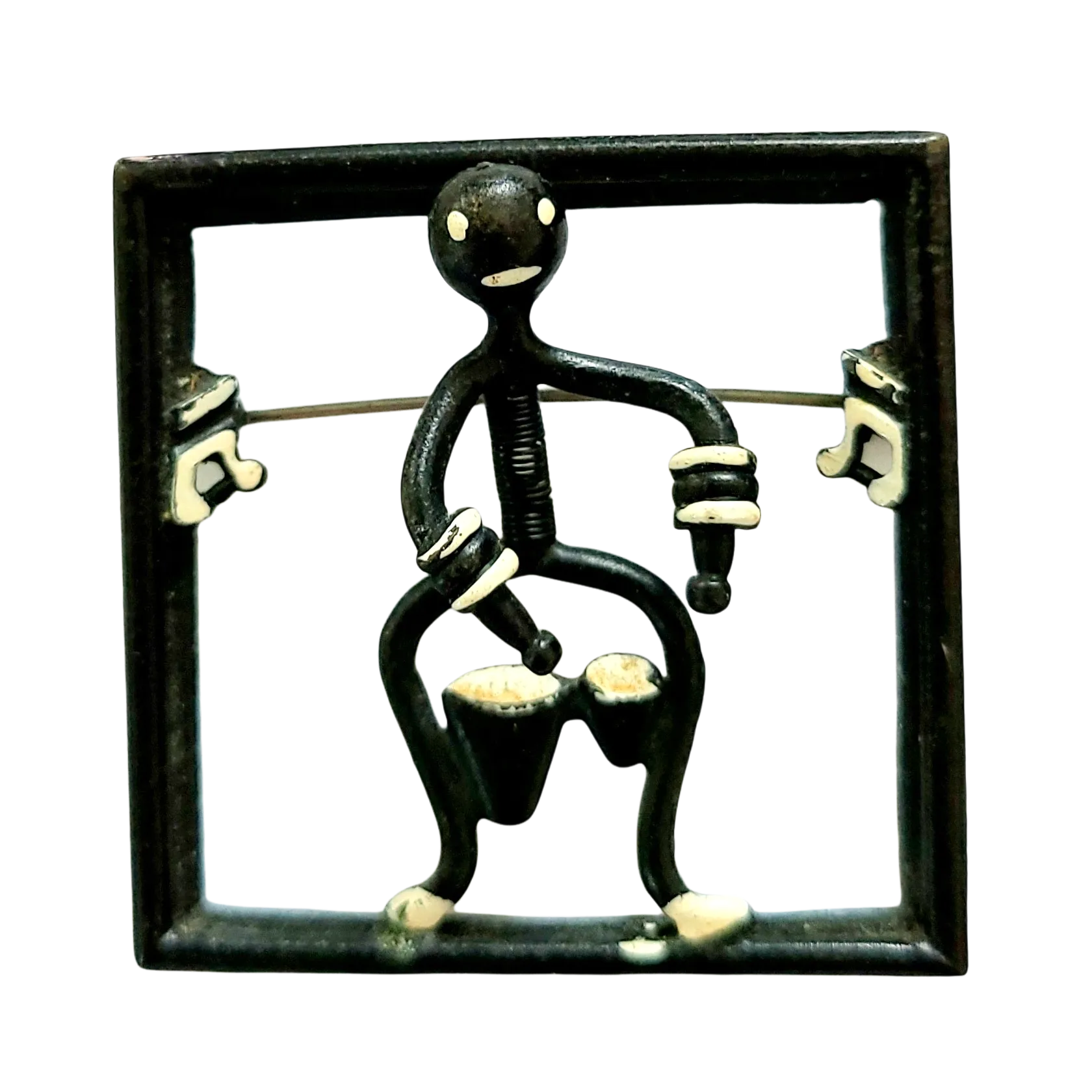 Black Enameled Bongo Drummer Trembler Brooch