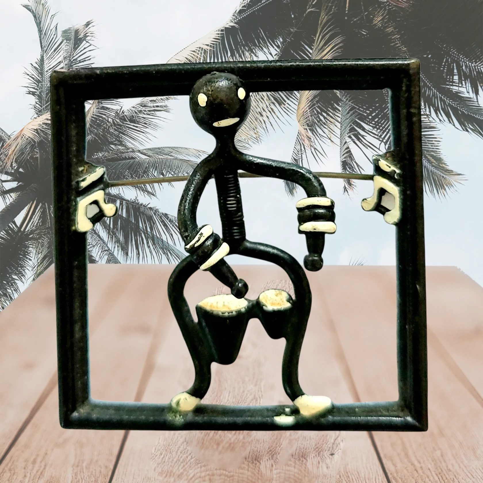 Black Enameled Bongo Drummer Trembler Brooch