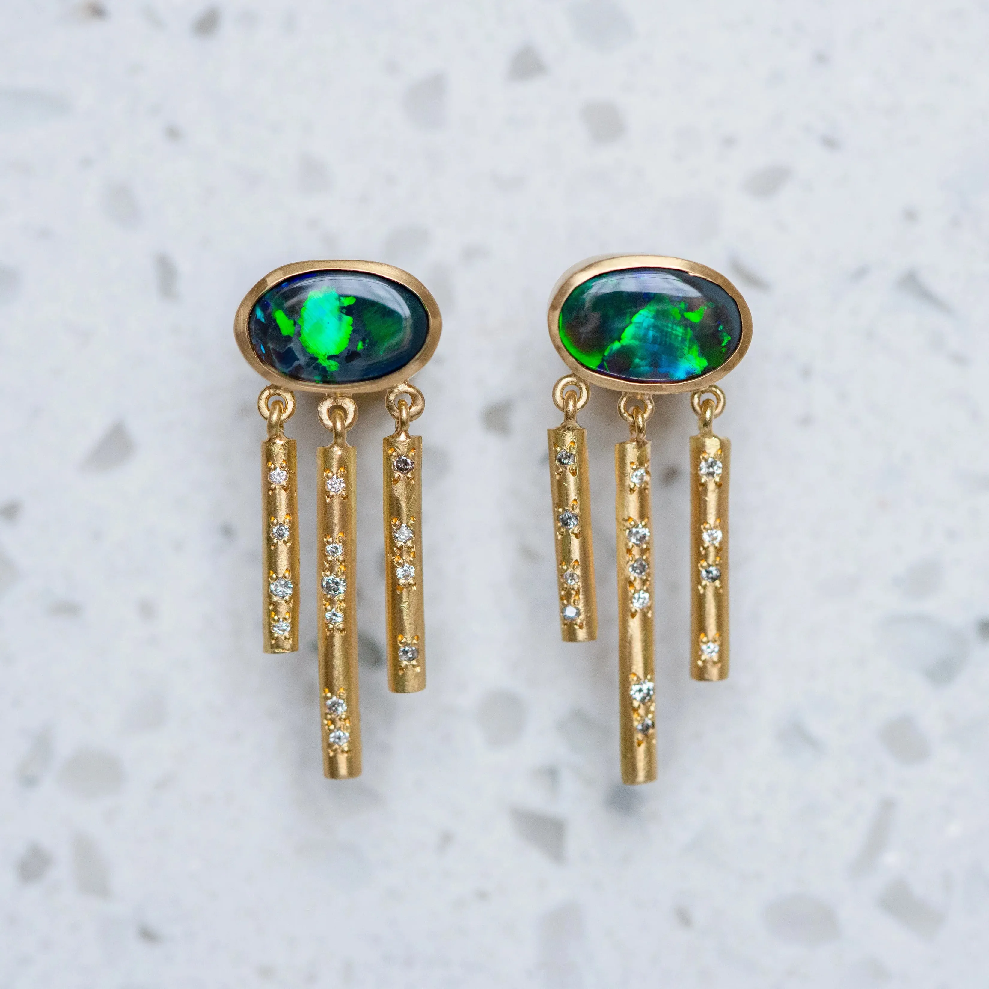 Black Opal Chime Earrings with Salt Pepper Diamonds