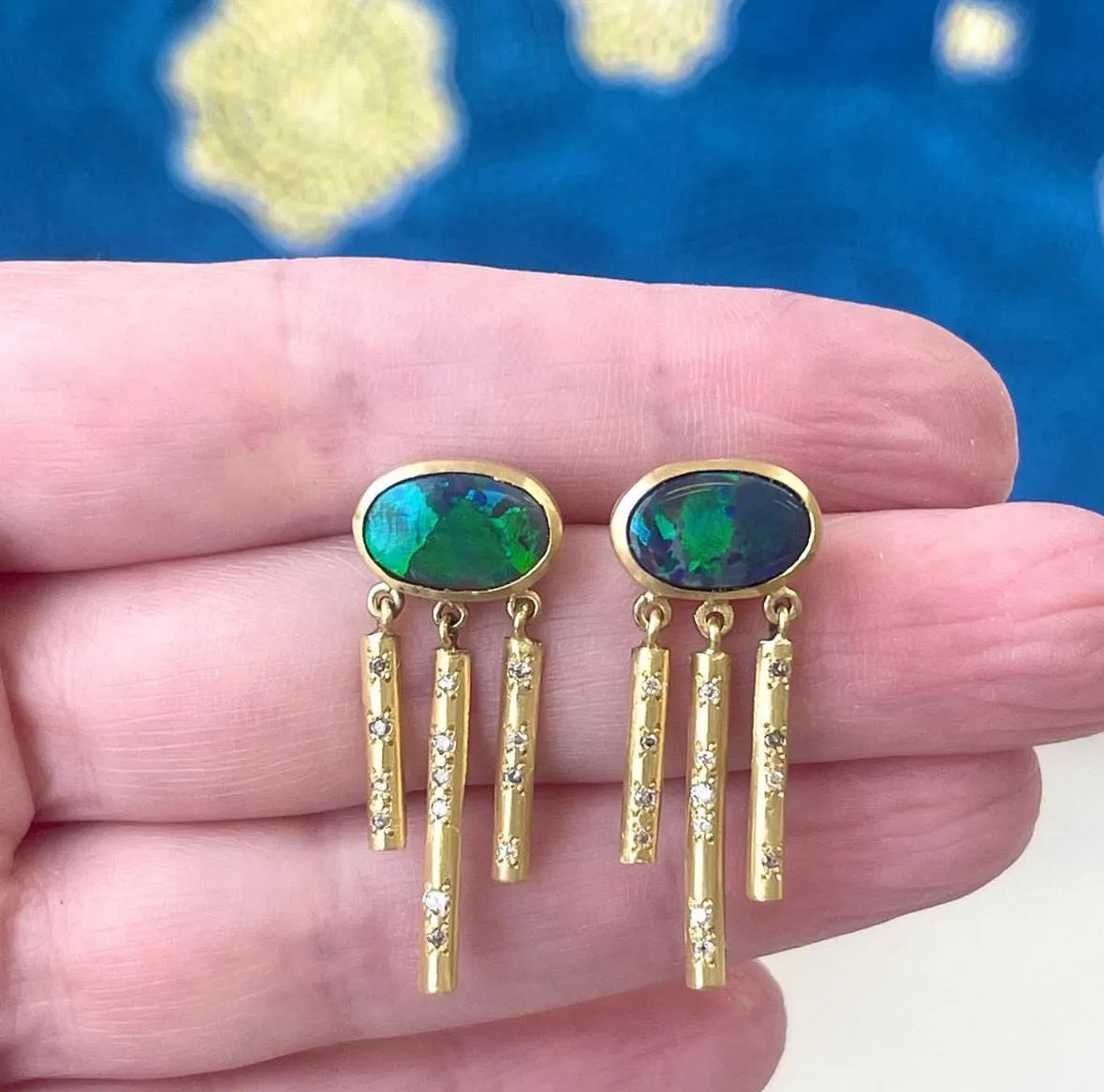 Black Opal Chime Earrings with Salt Pepper Diamonds