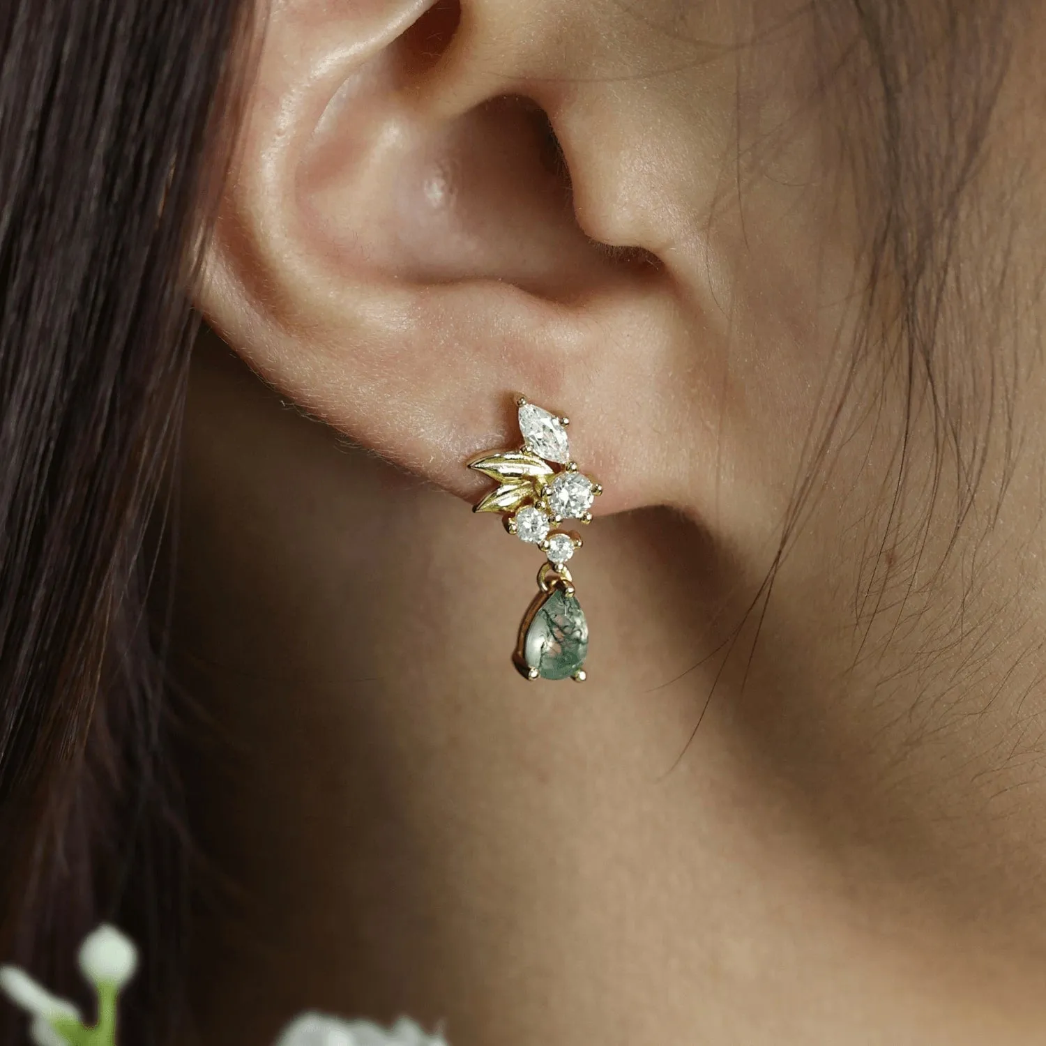 Blair Green Moss Agate Earrings (Yellow Gold)