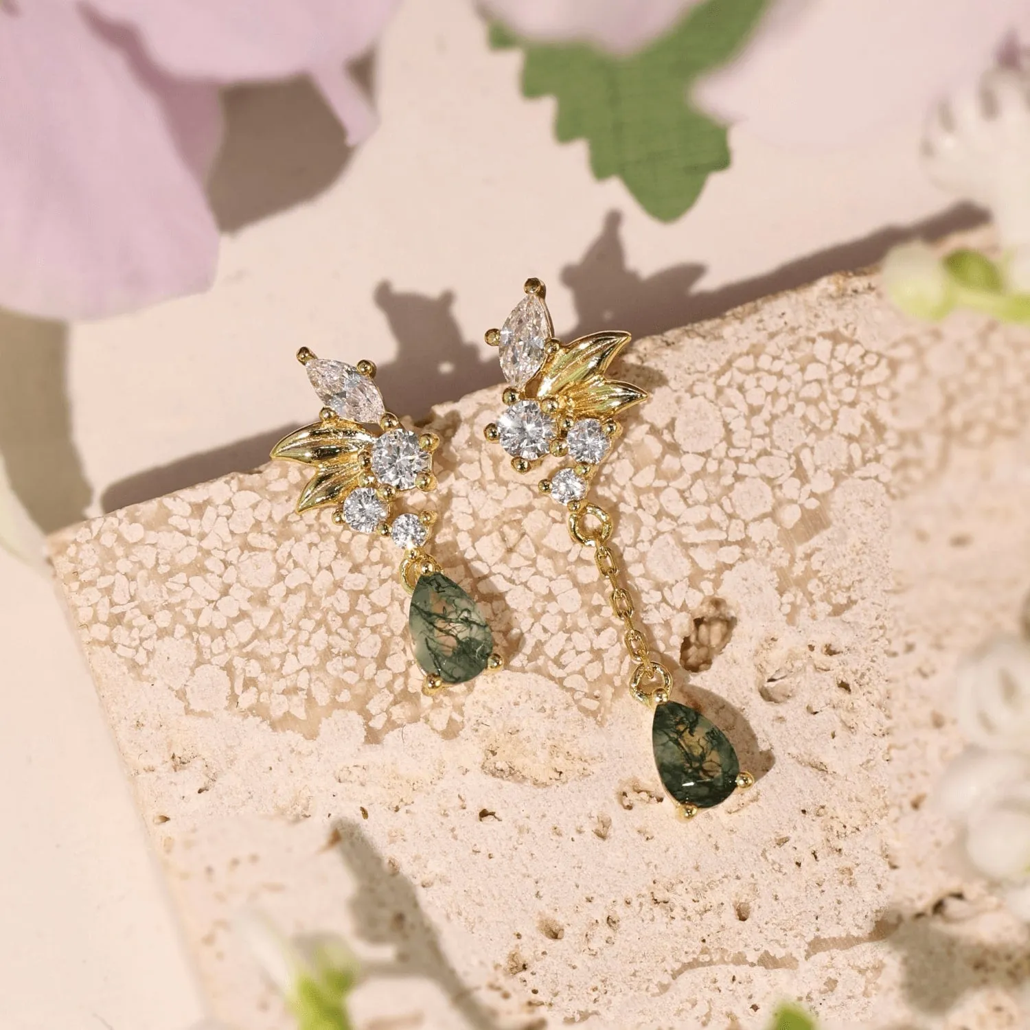 Blair Green Moss Agate Earrings (Yellow Gold)