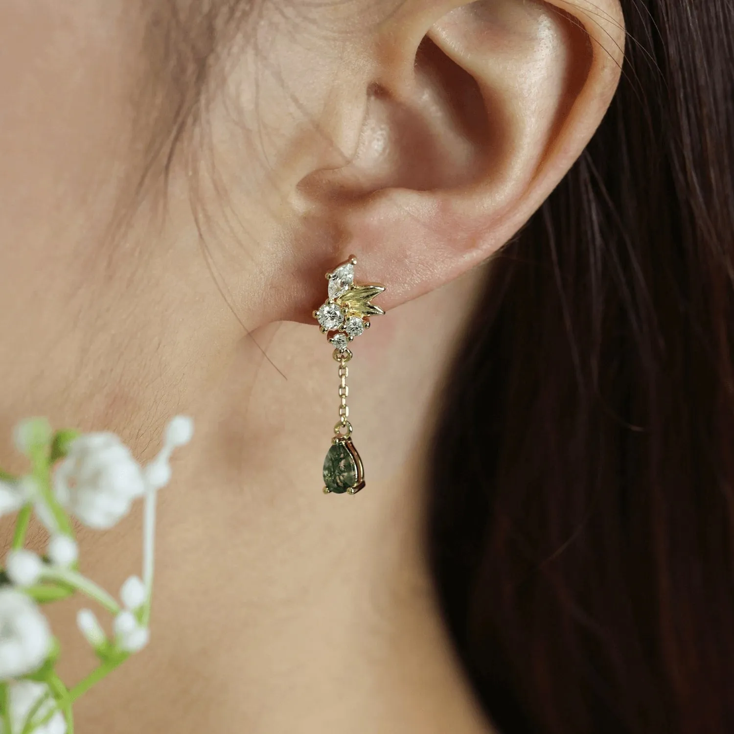 Blair Green Moss Agate Earrings (Yellow Gold)