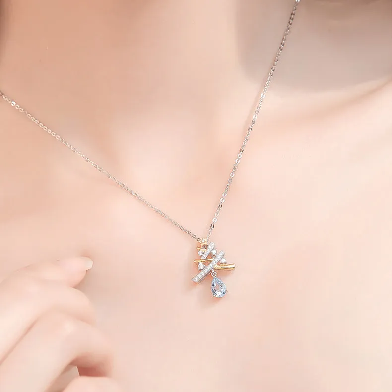 Blue Aquamarine Christmas Tree with White Gold Plated Silver Pendant Necklace For Women