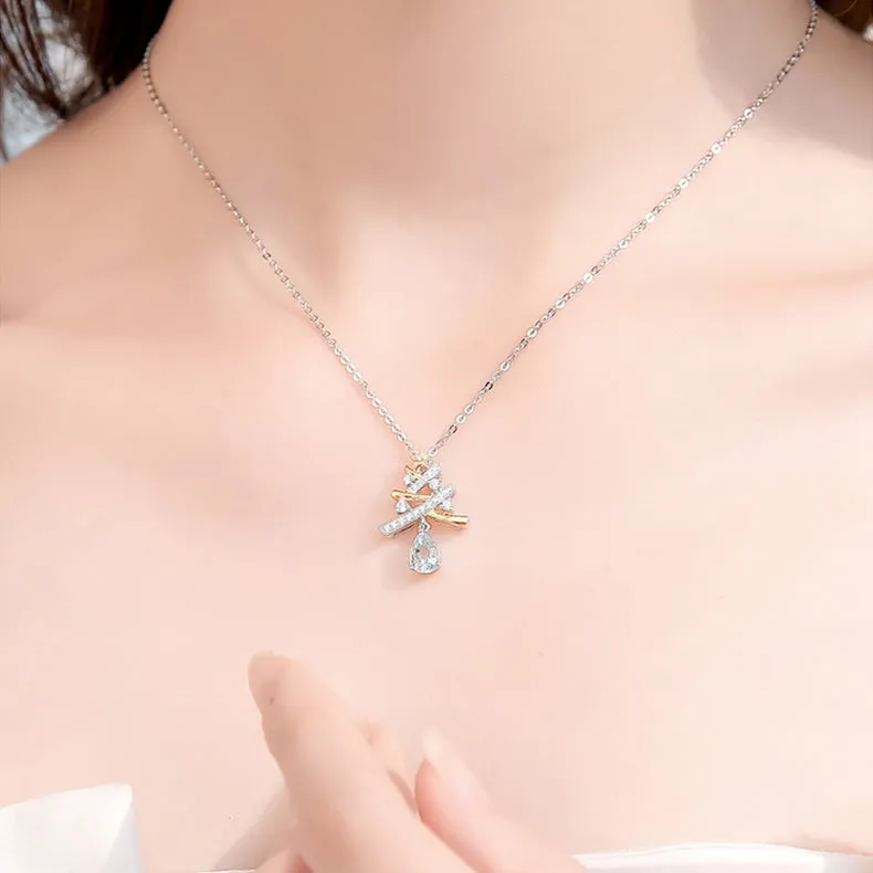 Blue Aquamarine Christmas Tree with White Gold Plated Silver Pendant Necklace For Women