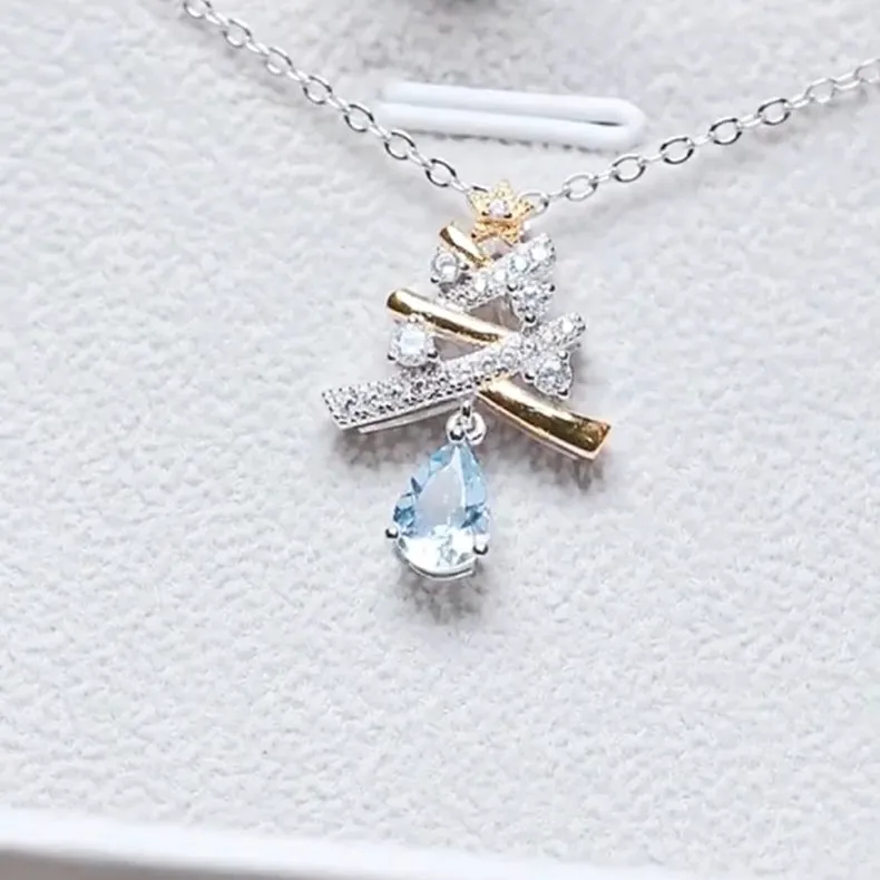 Blue Aquamarine Christmas Tree with White Gold Plated Silver Pendant Necklace For Women