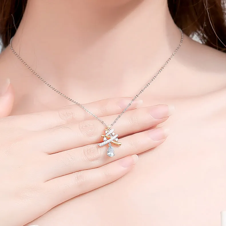 Blue Aquamarine Christmas Tree with White Gold Plated Silver Pendant Necklace For Women