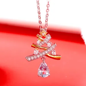 Blue Aquamarine Christmas Tree with White Gold Plated Silver Pendant Necklace For Women