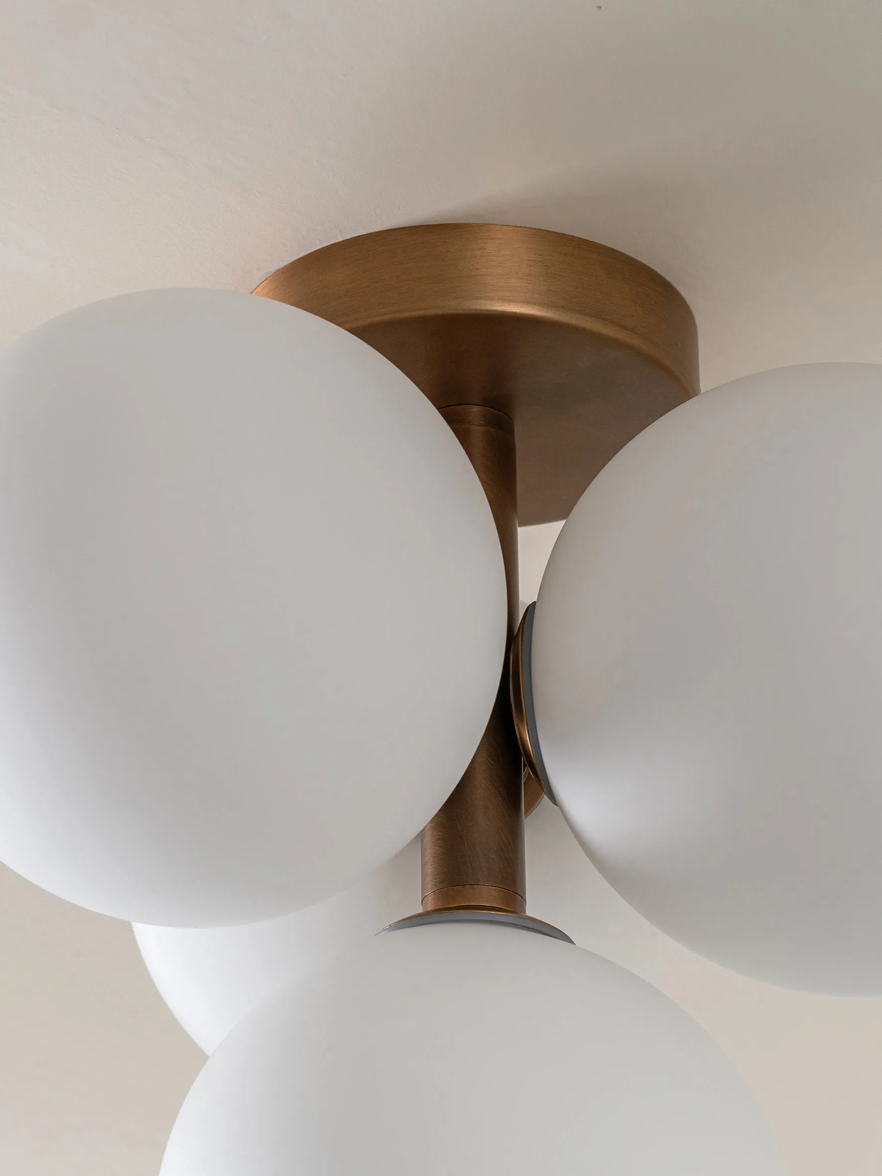 Boule - 4 light brass and opal flush pendant light