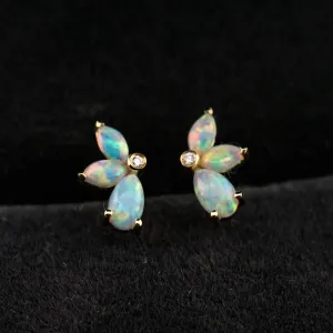 Butterfly Design Solid Opal Diamond Stud Earrings 18K Yellow Gold