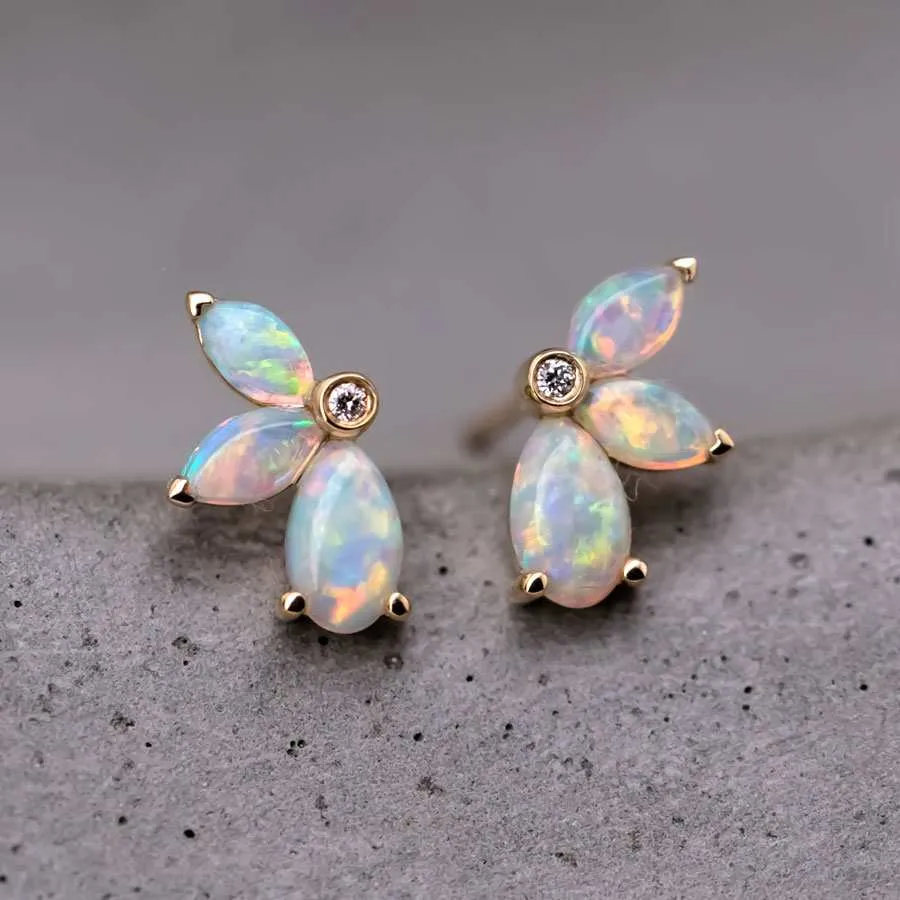 Butterfly Design Solid Opal Diamond Stud Earrings 18K Yellow Gold