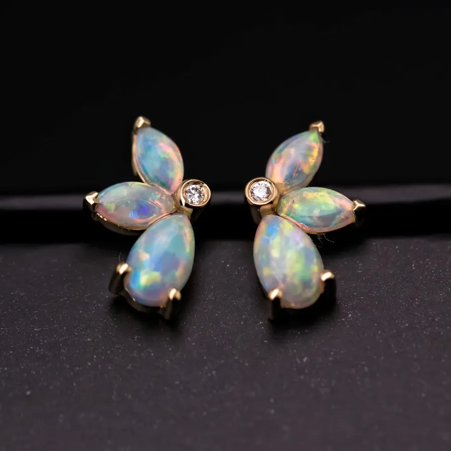 Butterfly Design Solid Opal Diamond Stud Earrings 18K Yellow Gold