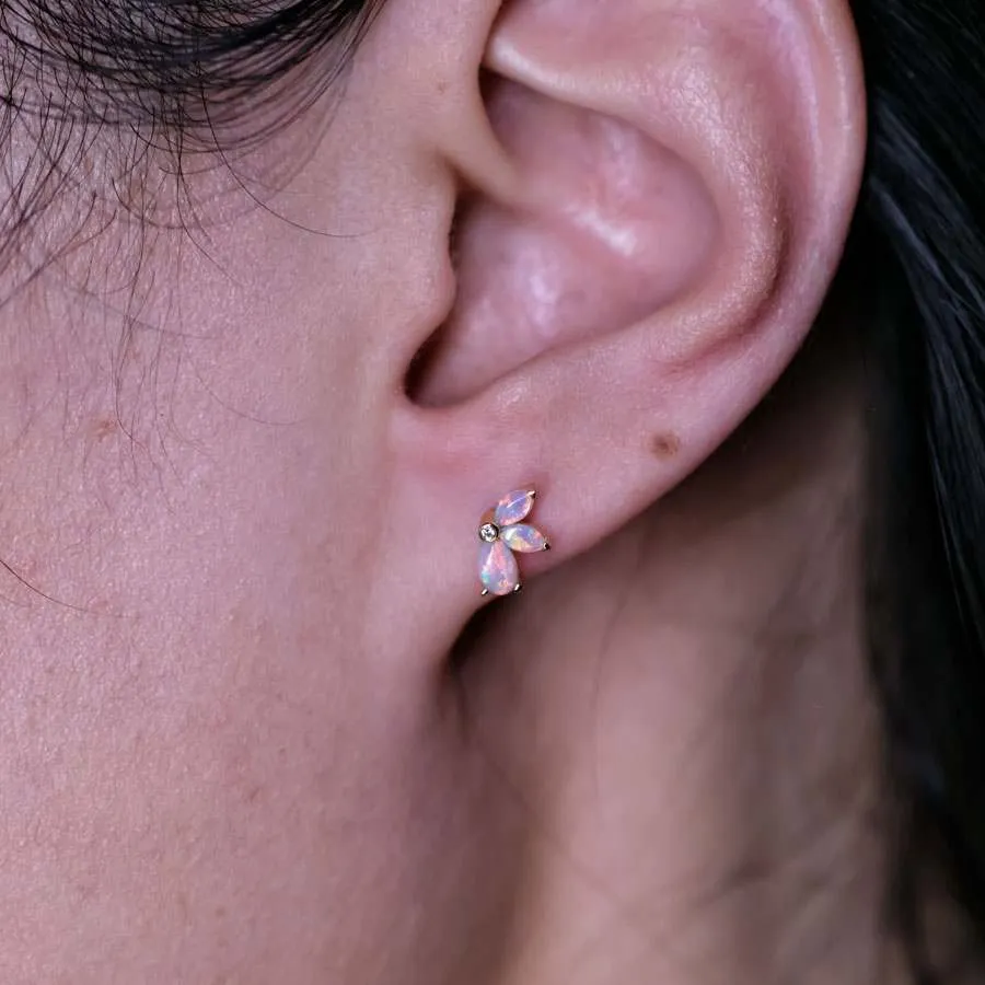 Butterfly Design Solid Opal Diamond Stud Earrings 18K Yellow Gold