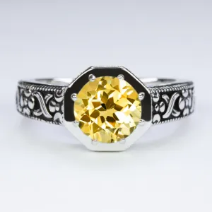 CITRINE STERLING SILVER RING VINTAGE STYLE ROUND CUT ART DECO YELLOW GEMSTONE