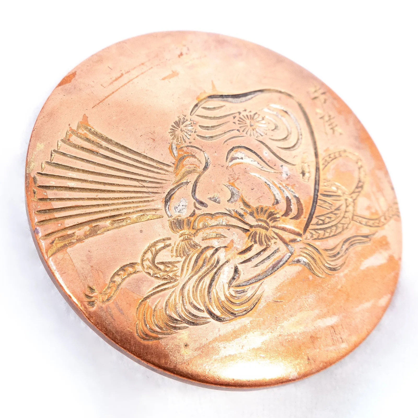 Copper Okina Noh Mask Brooch