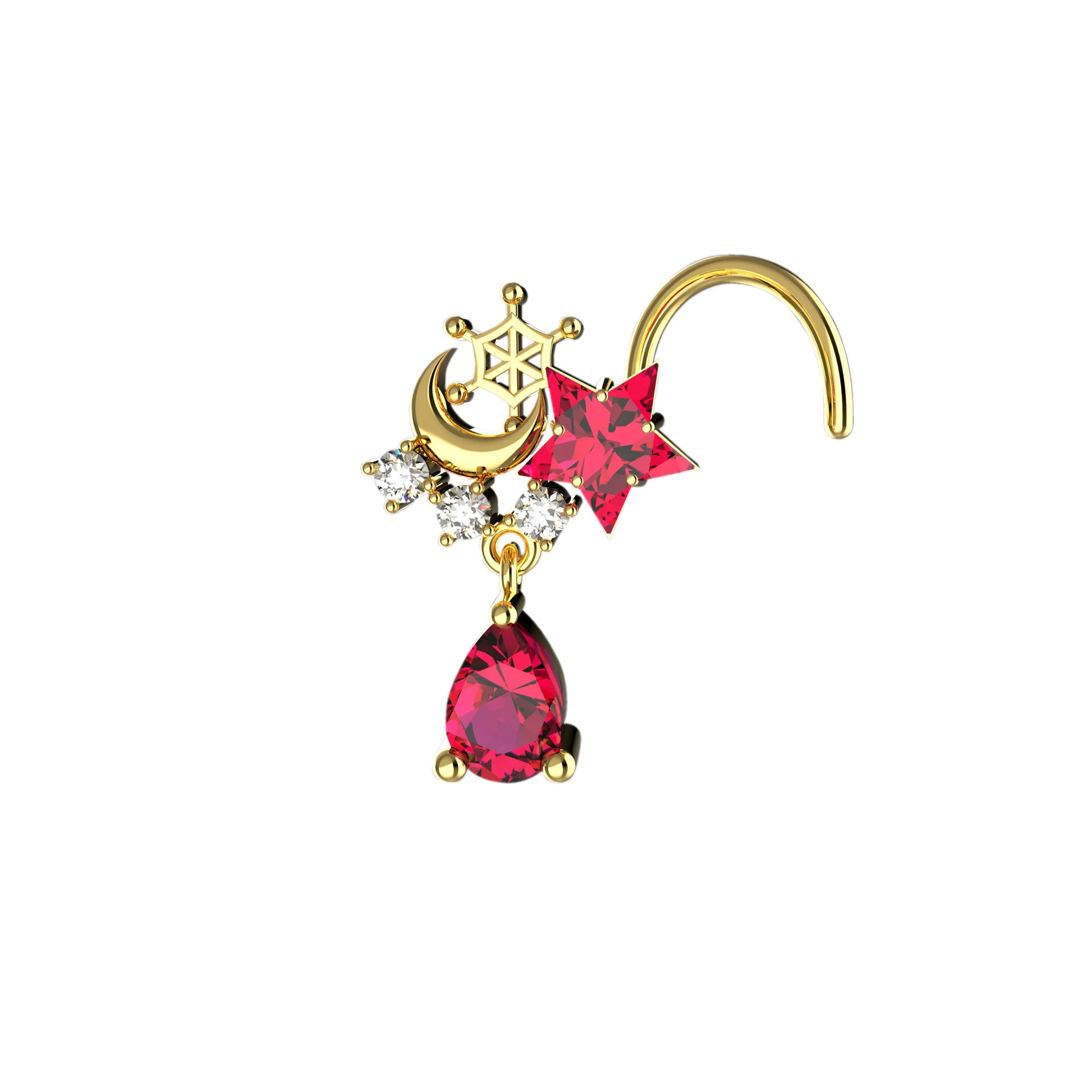 Crescent Moon Ruby Dangle Nose Stud – Gold Drop Piercing Jewelry