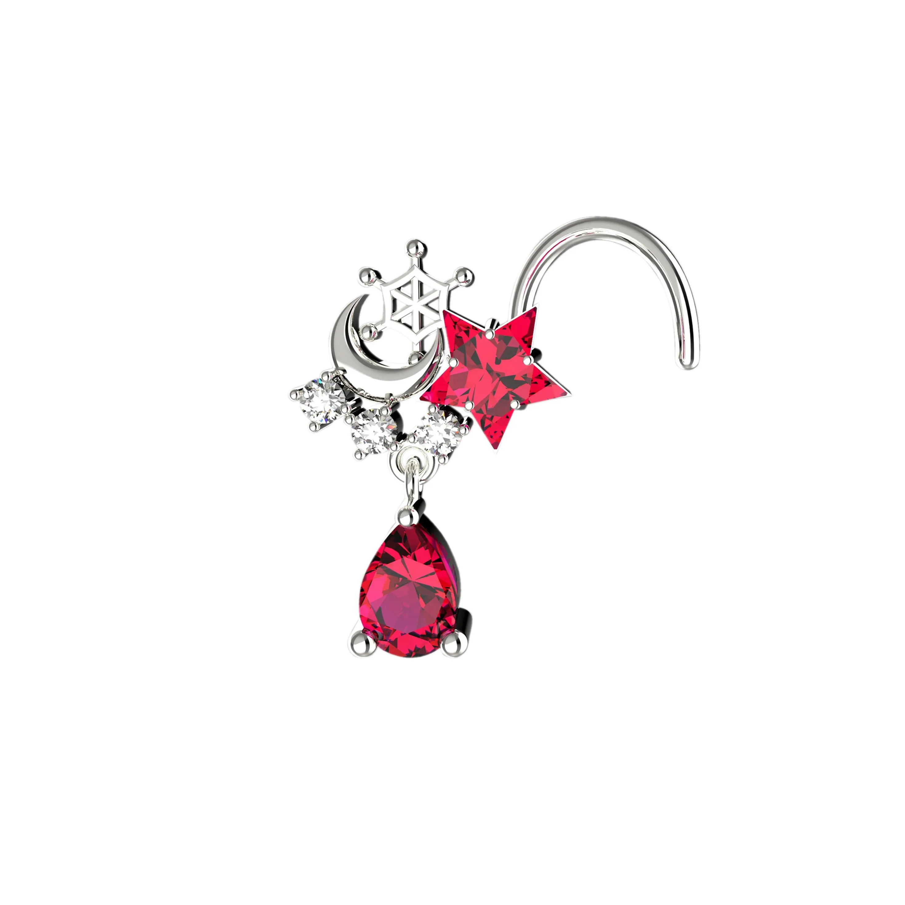 Crescent Moon Ruby Dangle Nose Stud – Gold Drop Piercing Jewelry