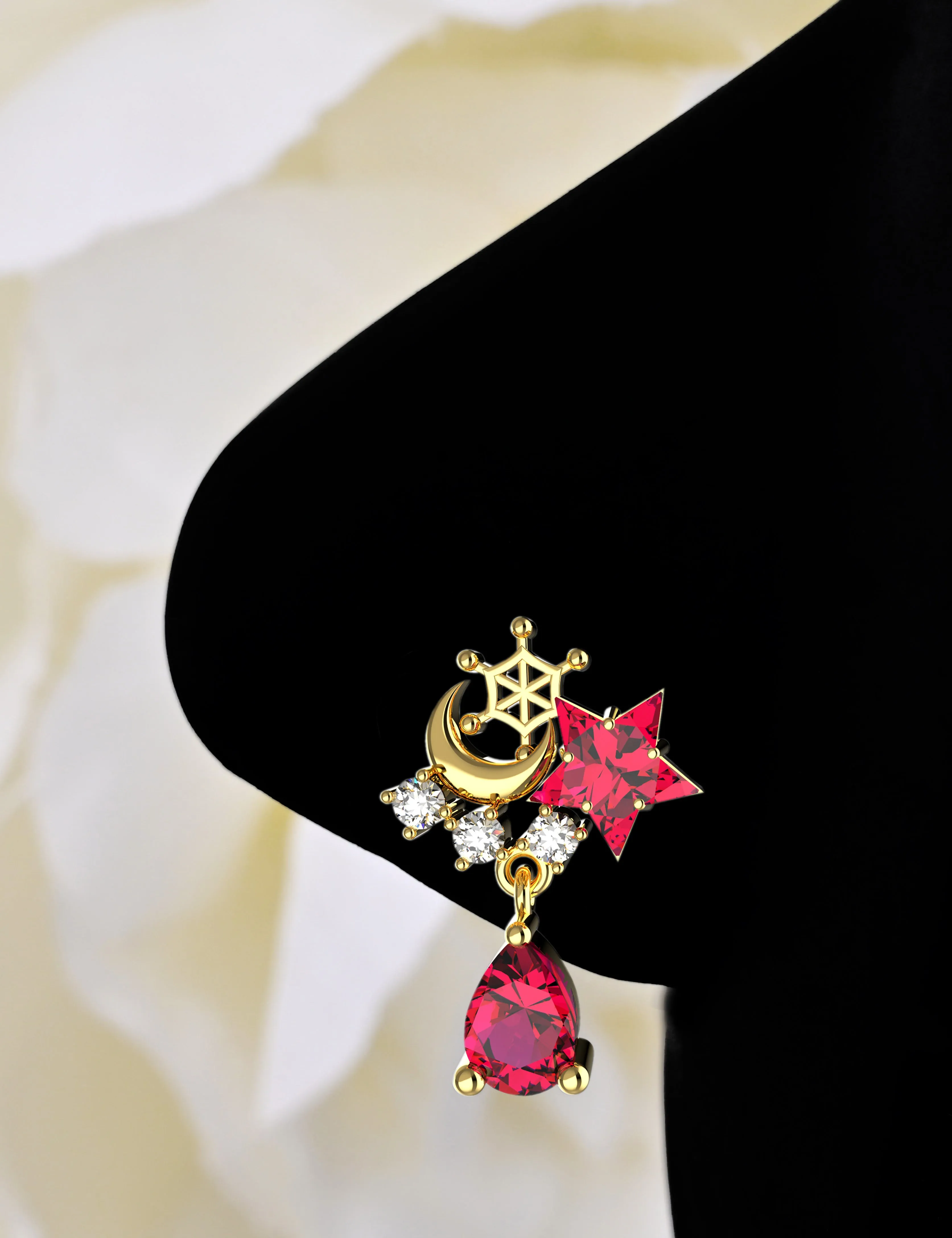 Crescent Moon Ruby Dangle Nose Stud – Gold Drop Piercing Jewelry