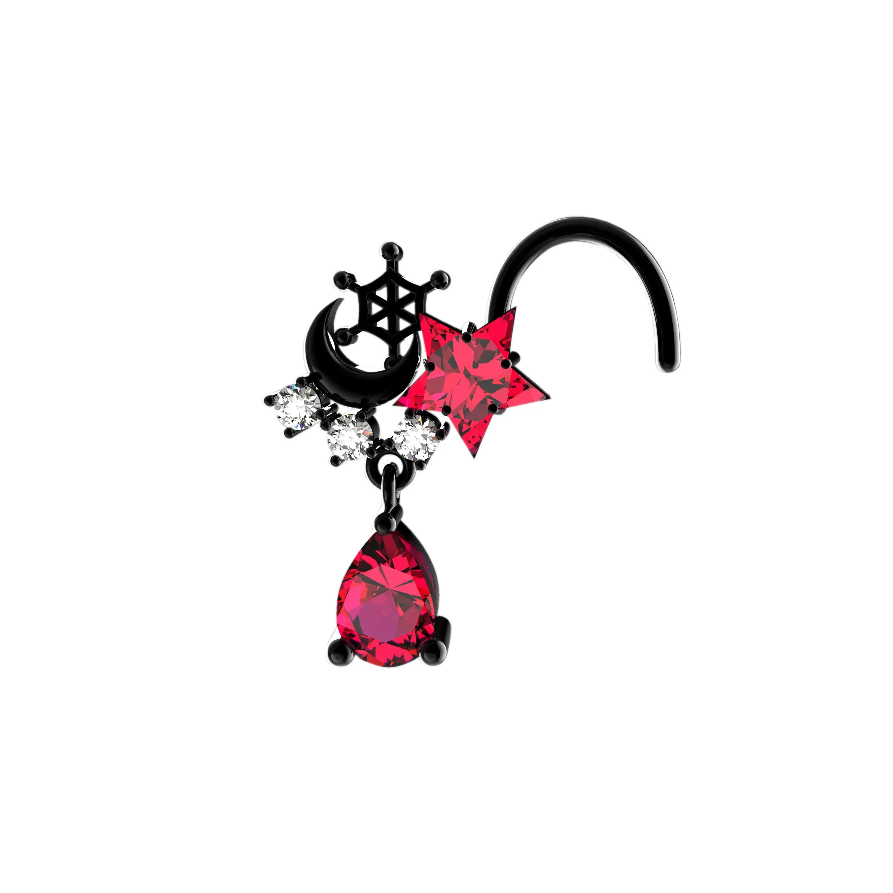 Crescent Moon Ruby Dangle Nose Stud – Gold Drop Piercing Jewelry
