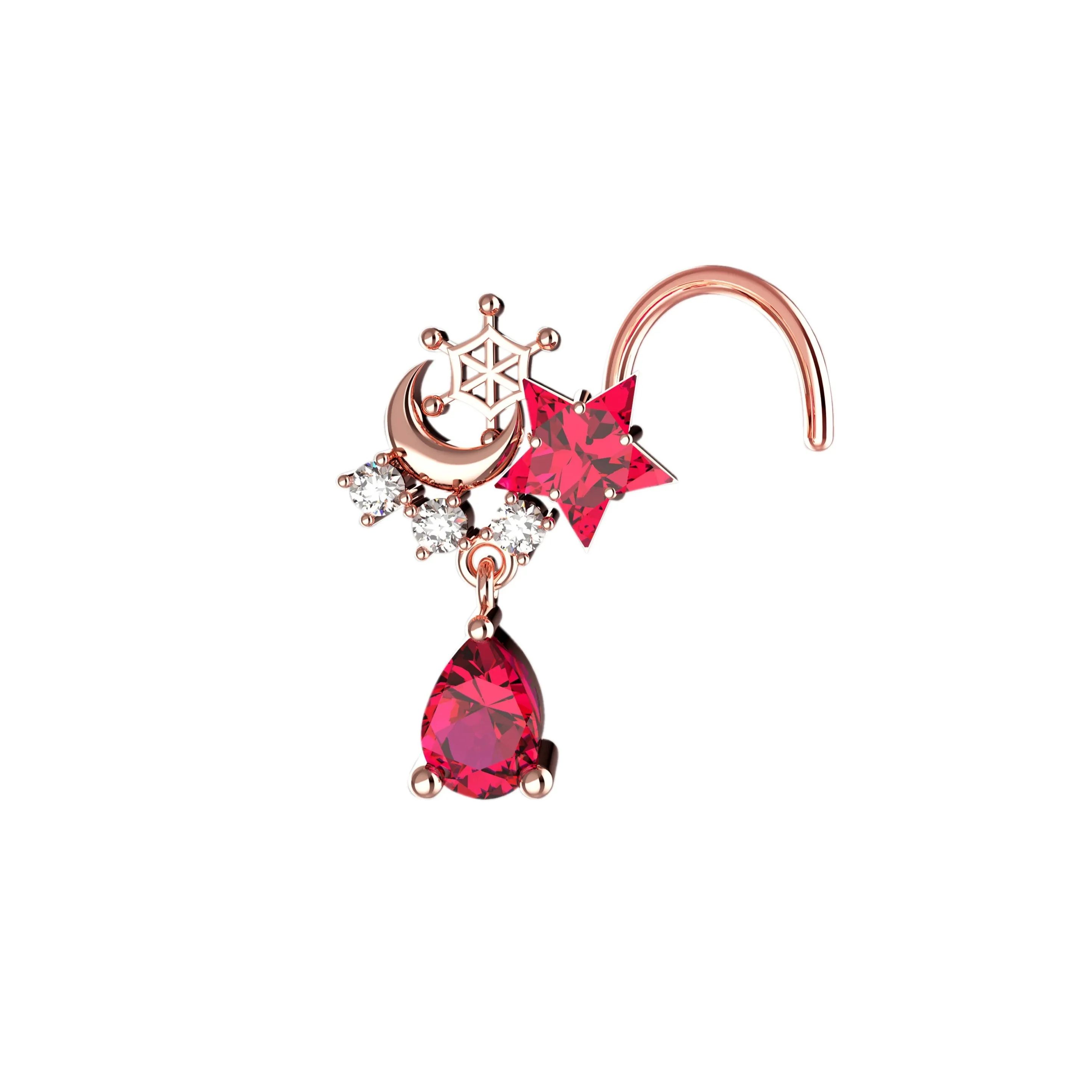 Crescent Moon Ruby Dangle Nose Stud – Gold Drop Piercing Jewelry