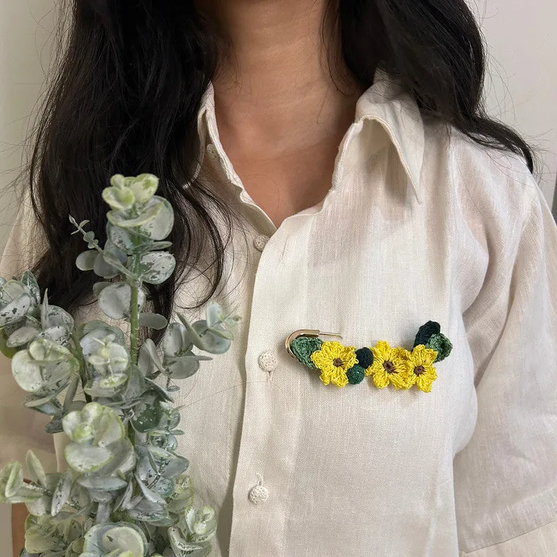 Crochet Brooch | Metal Pin | Floral Design | Yellow