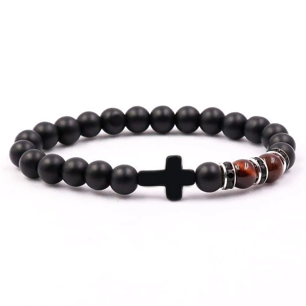 Cross Bead Bracelet <br> Matte Black Stone