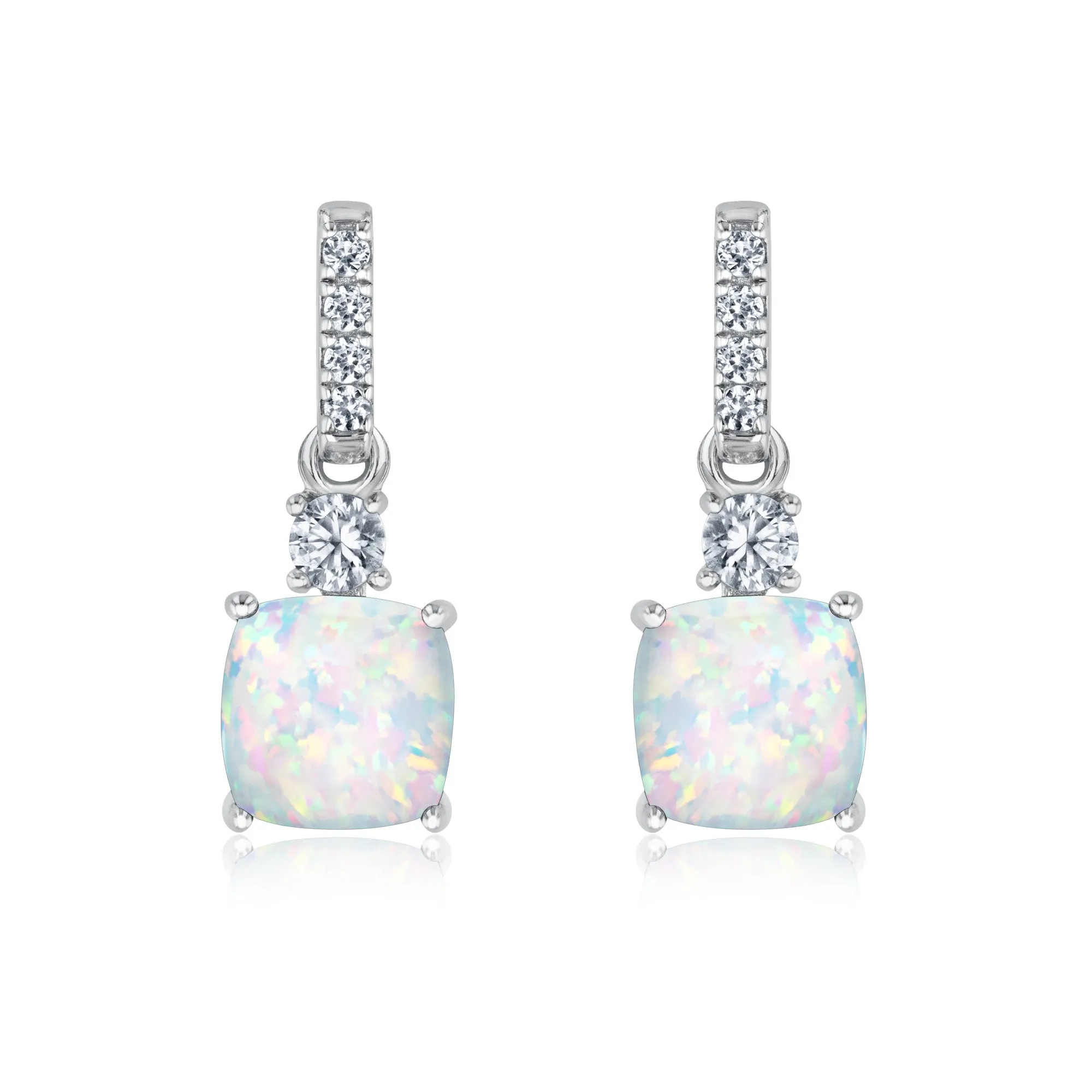 Cushion Created Opal and Created White Sapphire Sterling Silver Drop Earrings