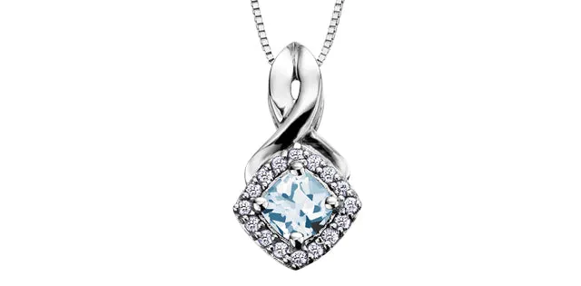 Cushion Cut Aquamarine Diamond Halo Pendant in White Gold
