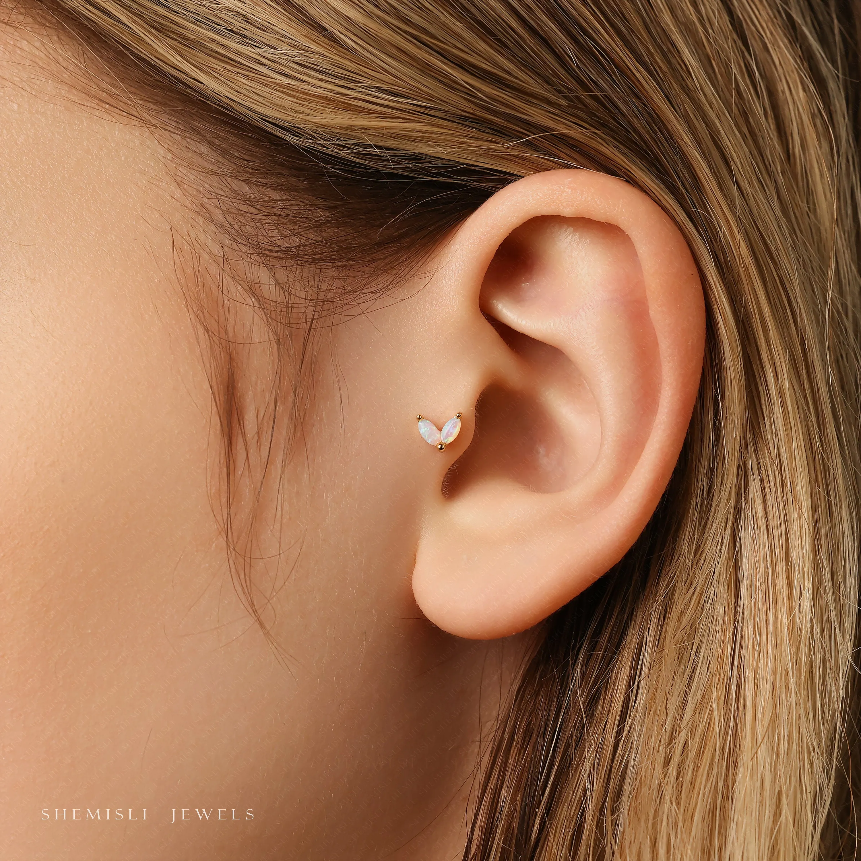 Dainty 2 leaf Opal Threadless Flat Back Tragus Stud, 20,18,16ga, 5-10mm Unisex, Surgical Steel SHEMISLI SS583