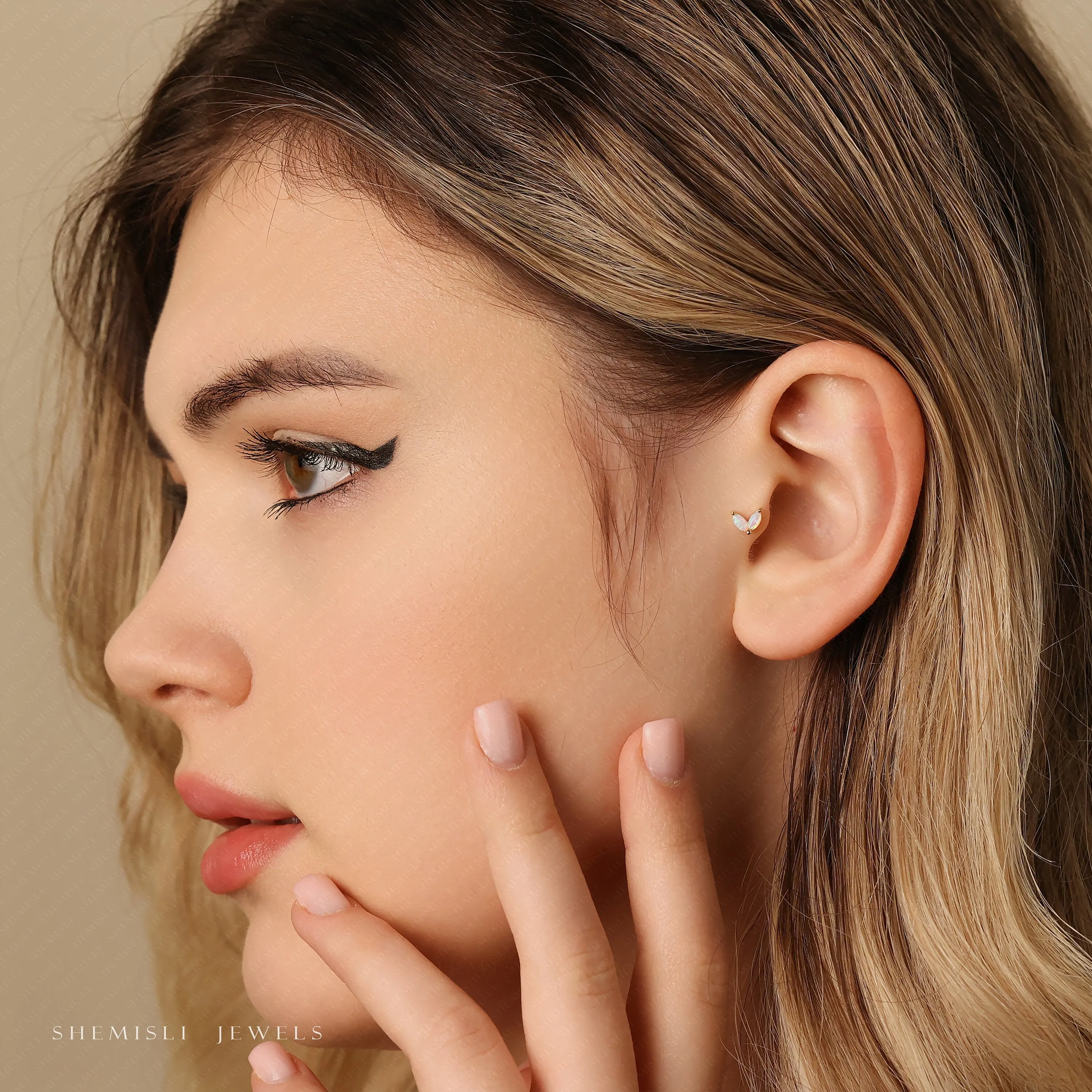 Dainty 2 leaf Opal Threadless Flat Back Tragus Stud, 20,18,16ga, 5-10mm Unisex, Surgical Steel SHEMISLI SS583