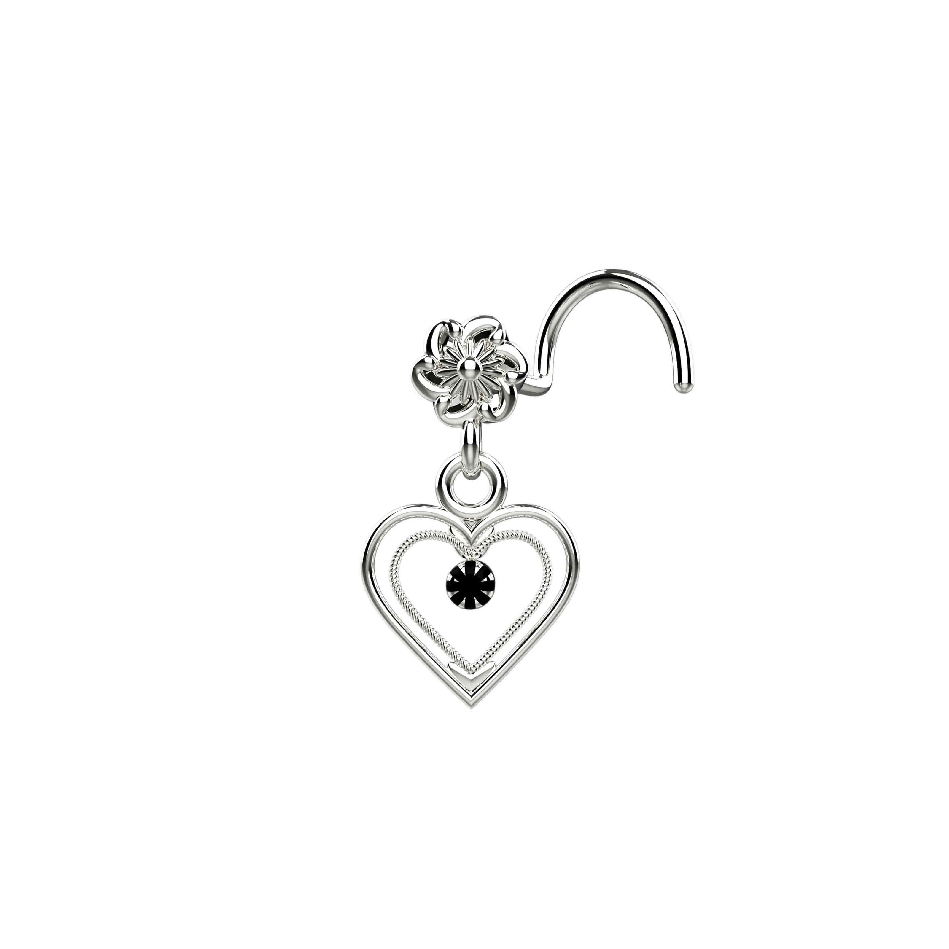 dangling heart nose ring with black stone – stylish nose piercing