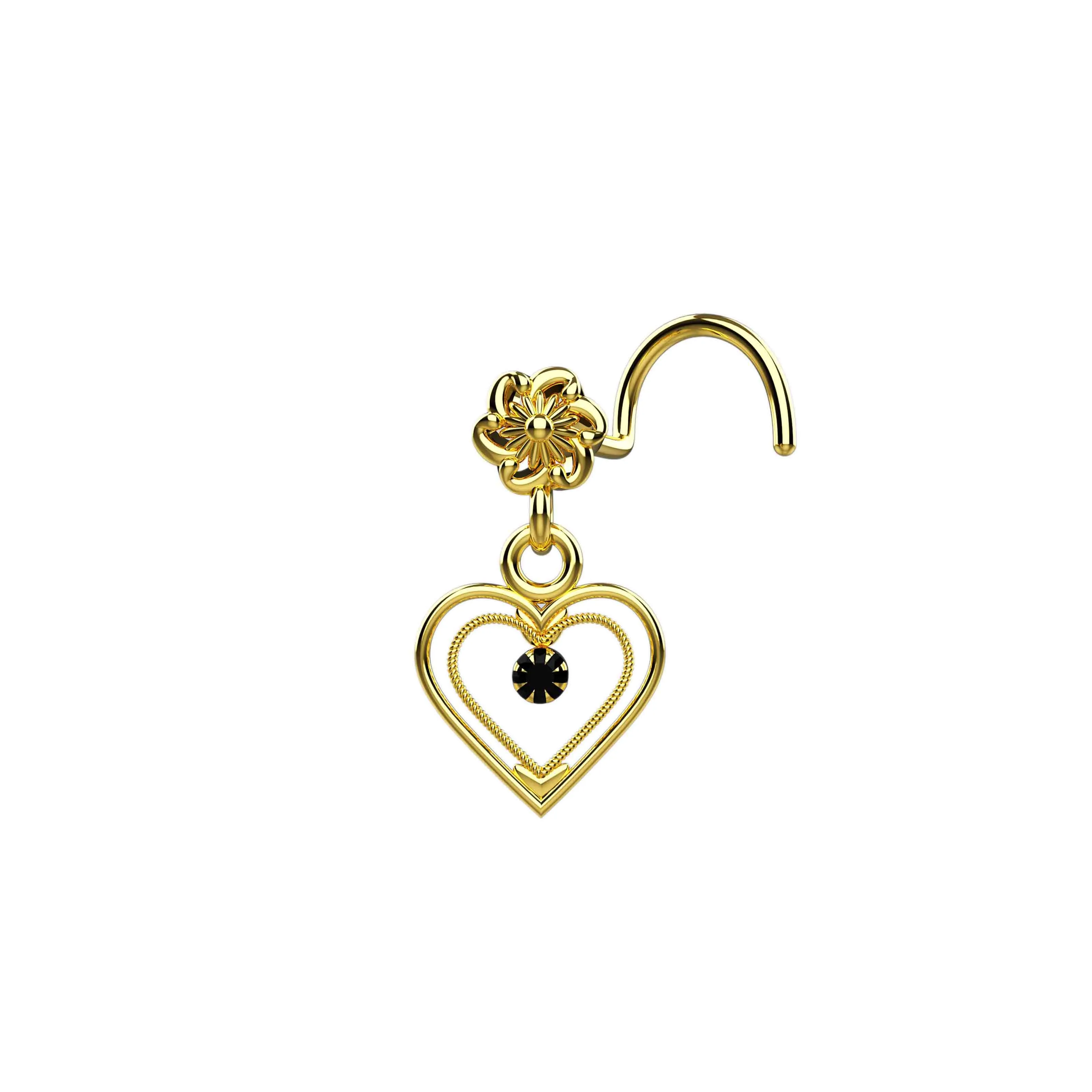 dangling heart nose ring with black stone – stylish nose piercing