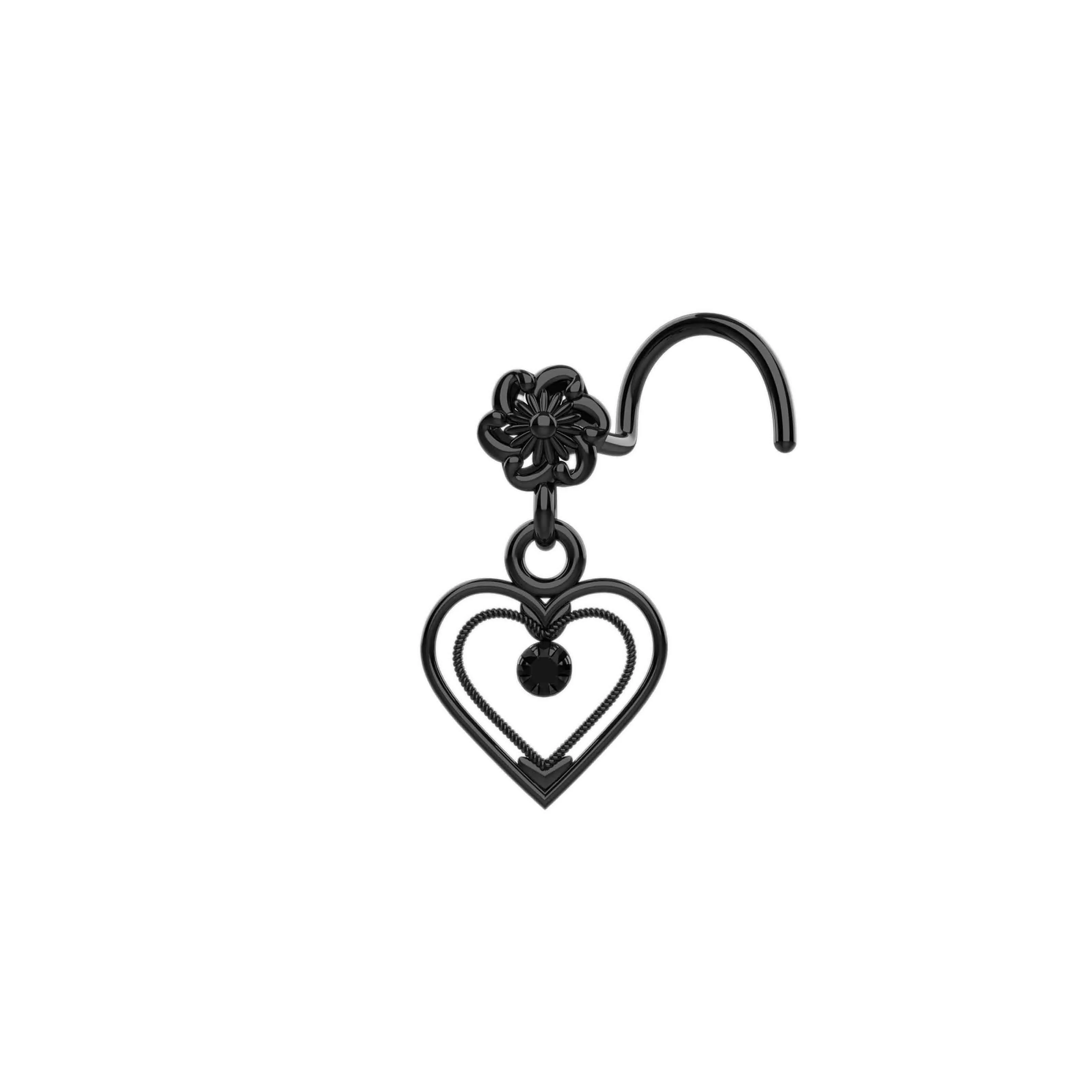 dangling heart nose ring with black stone – stylish nose piercing
