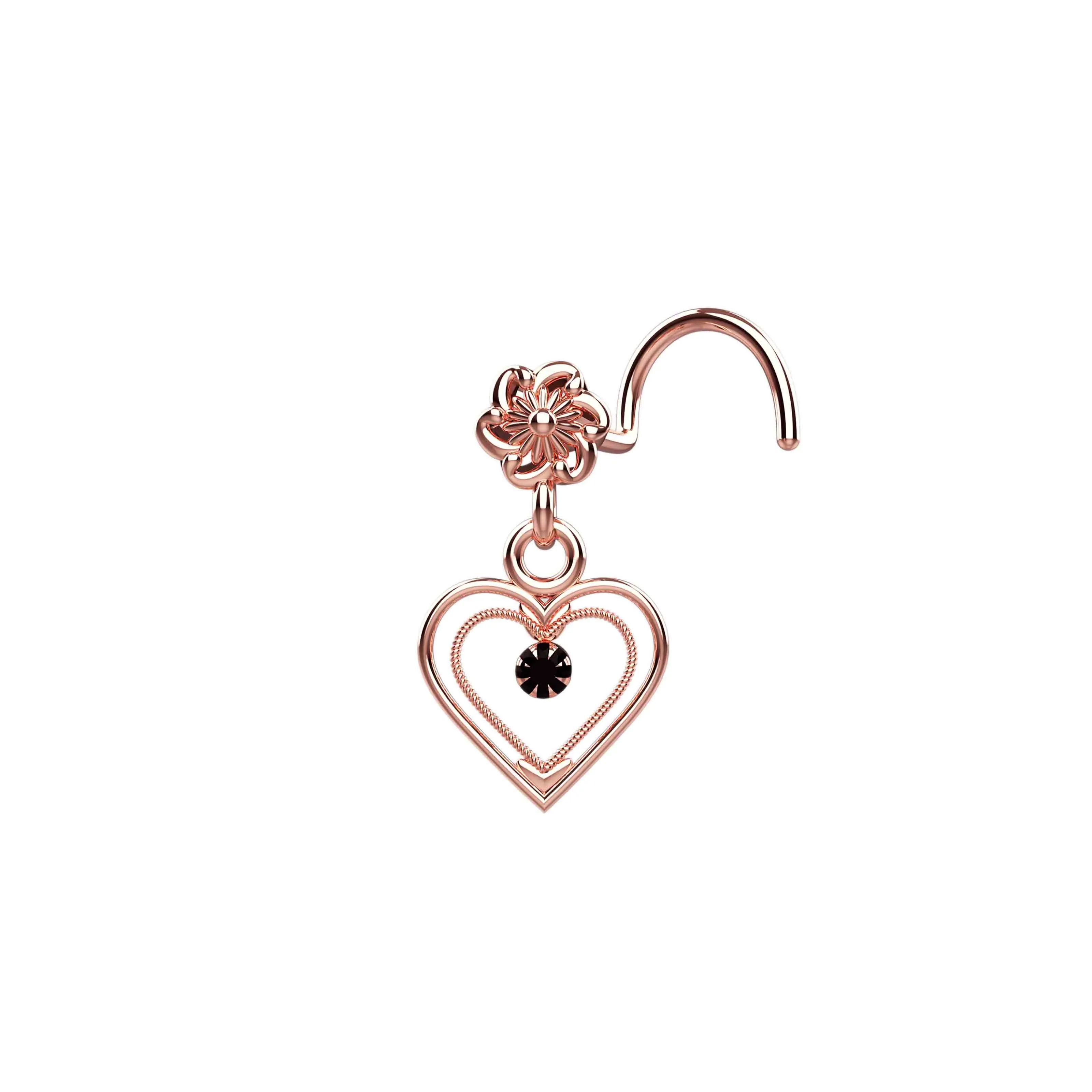 dangling heart nose ring with black stone – stylish nose piercing