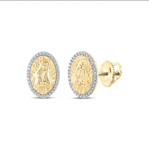 Diamond Guadalupe Virgin Mary Stud Earrings 10k Yellow Gold Oval 0.20cttw