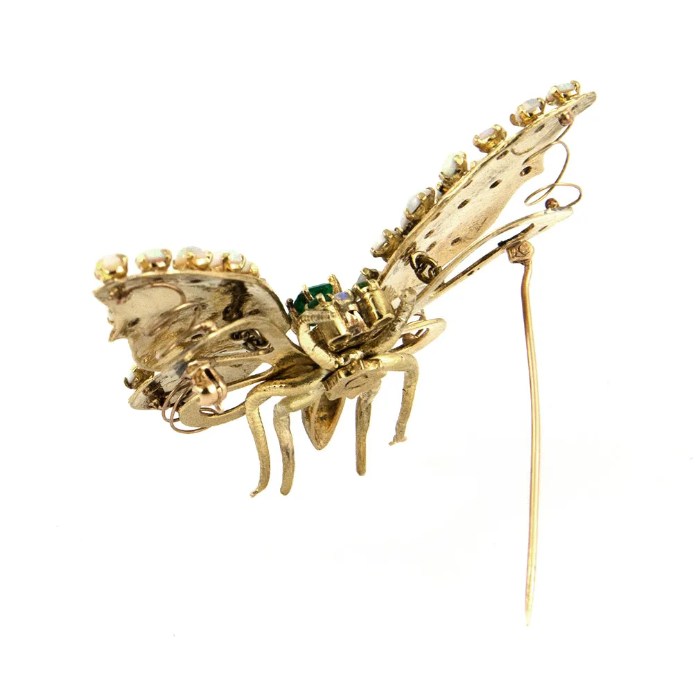 Emerald and Opal 18k Yellow Gold Butterfly Trembler c.1940-1950