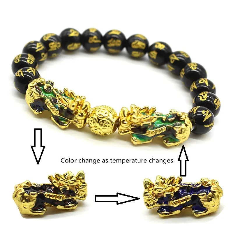 Feng Shui Pixiu Obsidian Gold Plating Pi Xiu Bracelet Beads Lucky Charm Dragon Bracelet