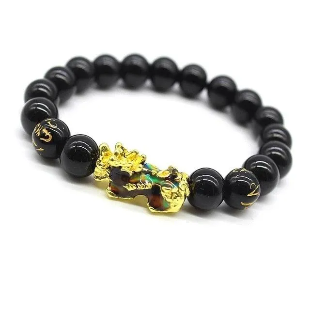 Feng Shui Pixiu Obsidian Gold Plating Pi Xiu Bracelet Beads Lucky Charm Dragon Bracelet