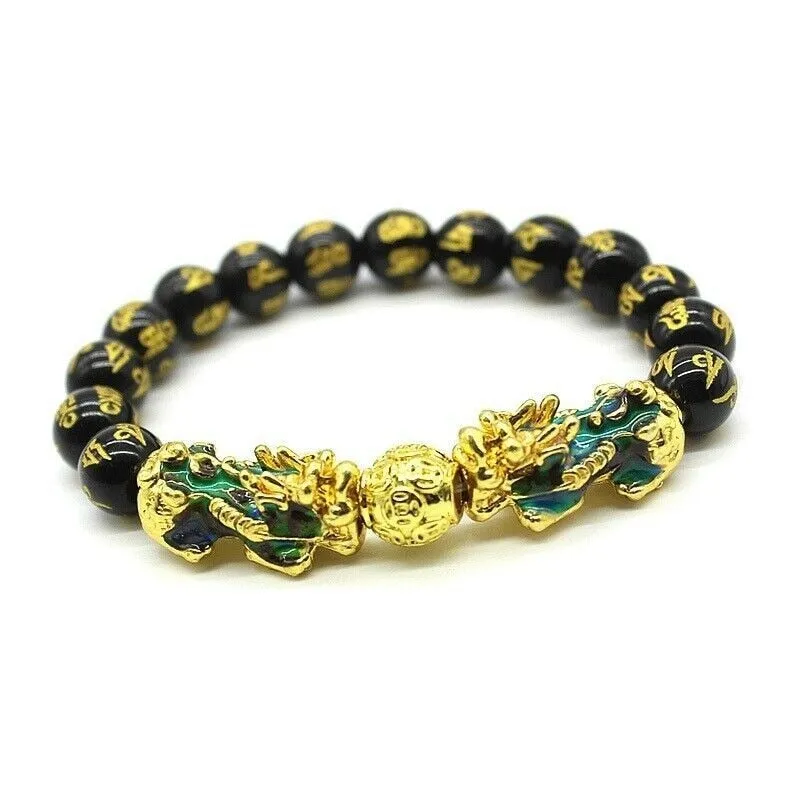Feng Shui Pixiu Obsidian Gold Plating Pi Xiu Bracelet Beads Lucky Charm Dragon Bracelet