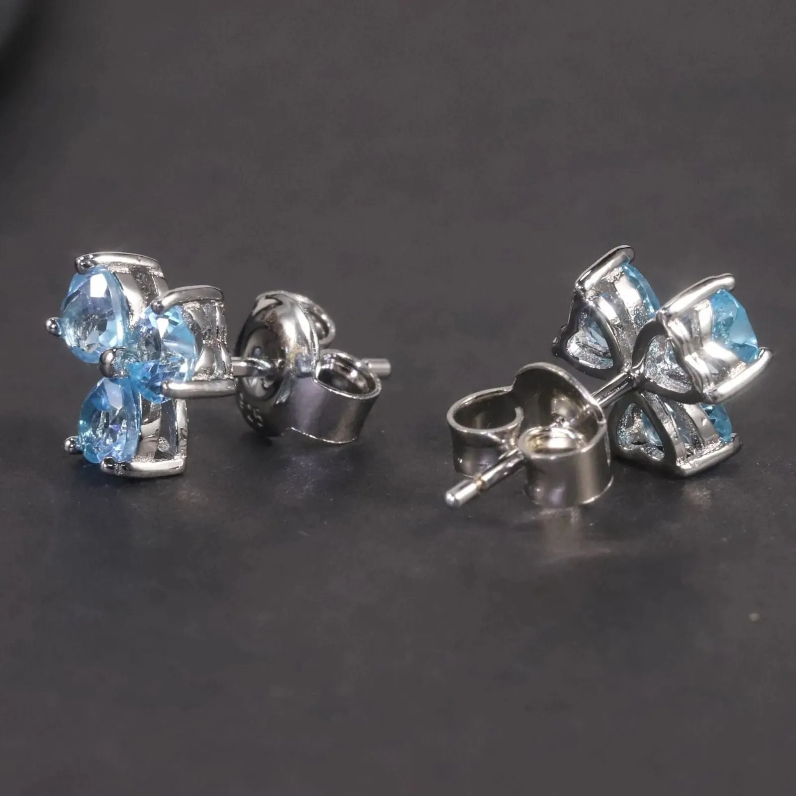 Flower Shape Stud Earrings in Sterling Silver -  Swiss Blue Topaz