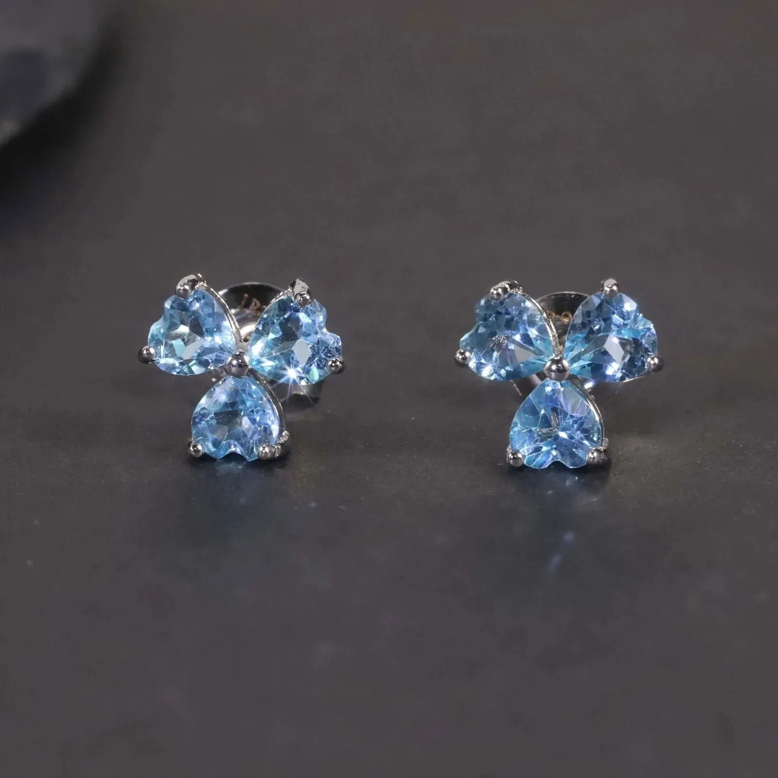Flower Shape Stud Earrings in Sterling Silver -  Swiss Blue Topaz