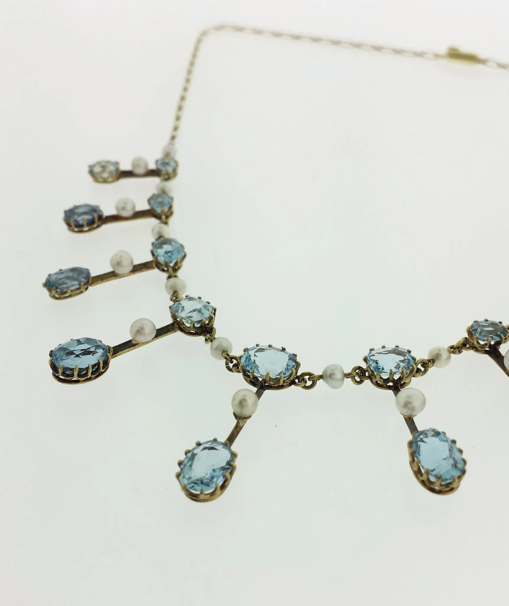 Gold Antique Aquamarine & Real Pearl necklace