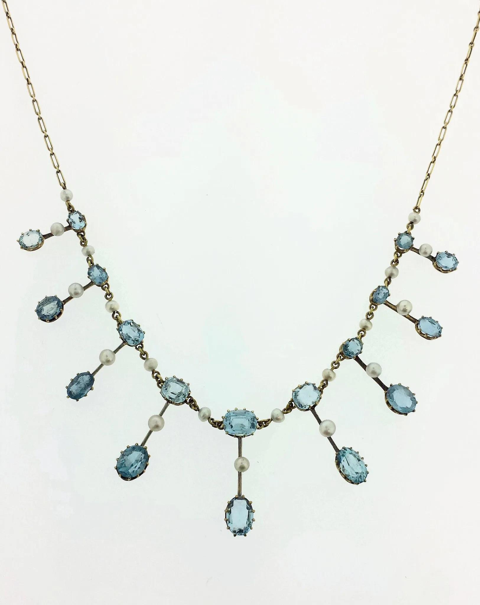 Gold Antique Aquamarine & Real Pearl necklace