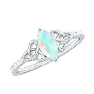Gold Celtic Knot Solitaire Ring with Marquise Cut Ethiopian Opal and Moissanite