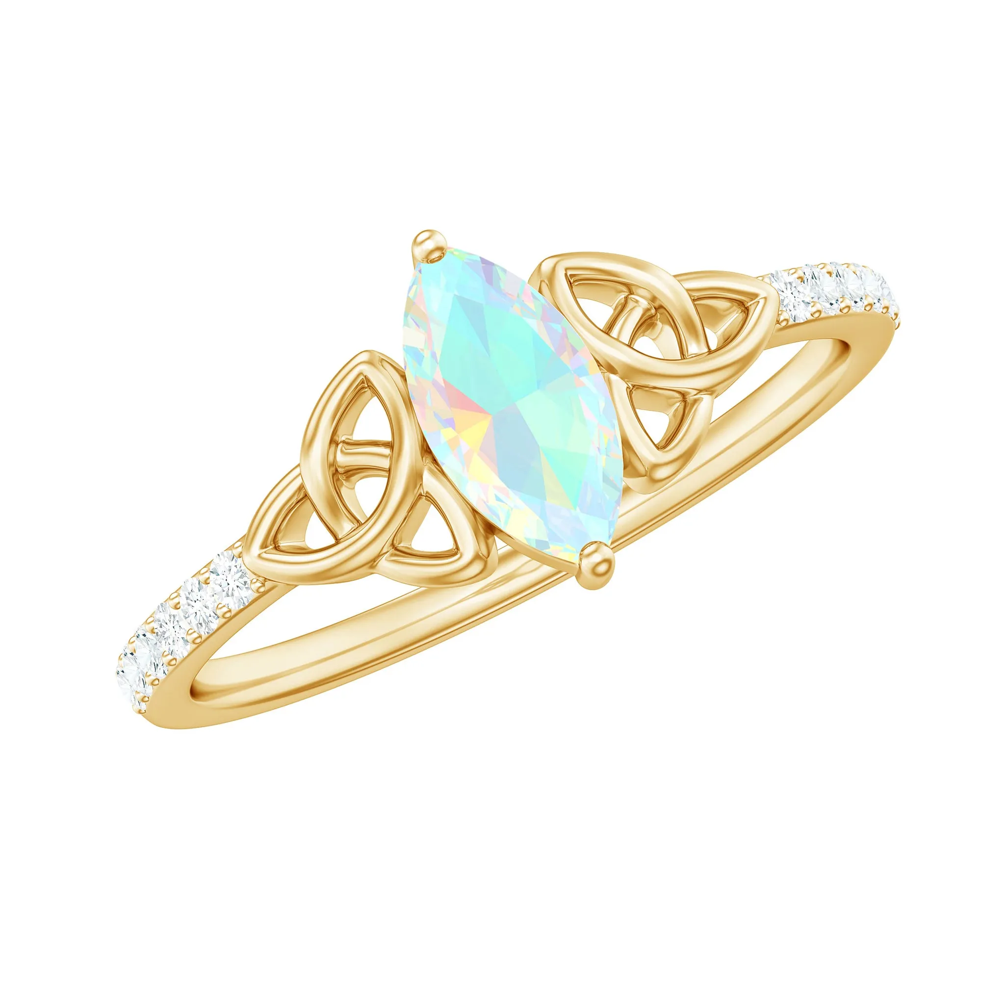 Gold Celtic Knot Solitaire Ring with Marquise Cut Ethiopian Opal and Moissanite