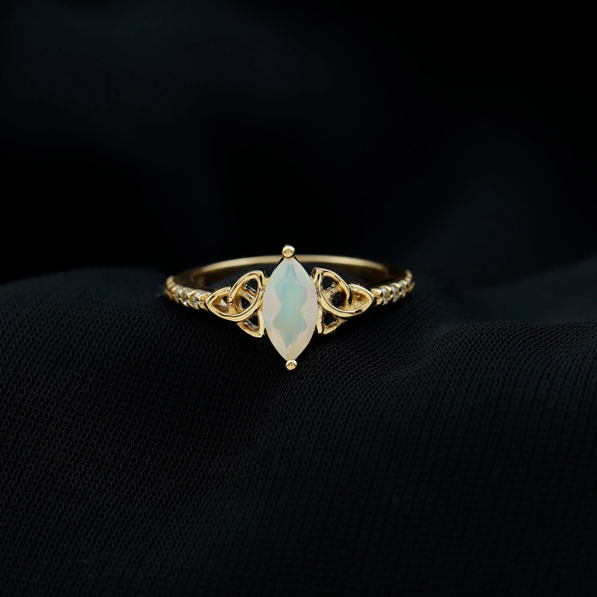 Gold Celtic Knot Solitaire Ring with Marquise Cut Ethiopian Opal and Moissanite