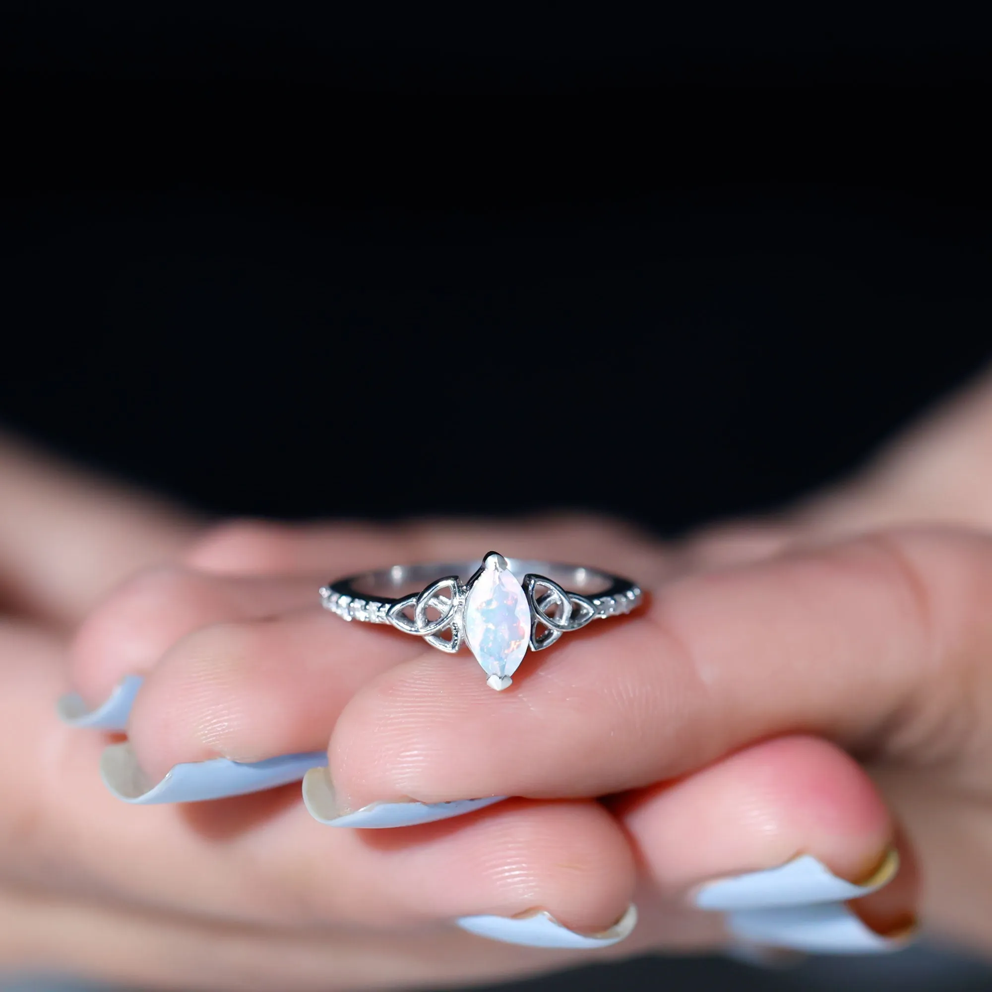 Gold Celtic Knot Solitaire Ring with Marquise Cut Ethiopian Opal and Moissanite