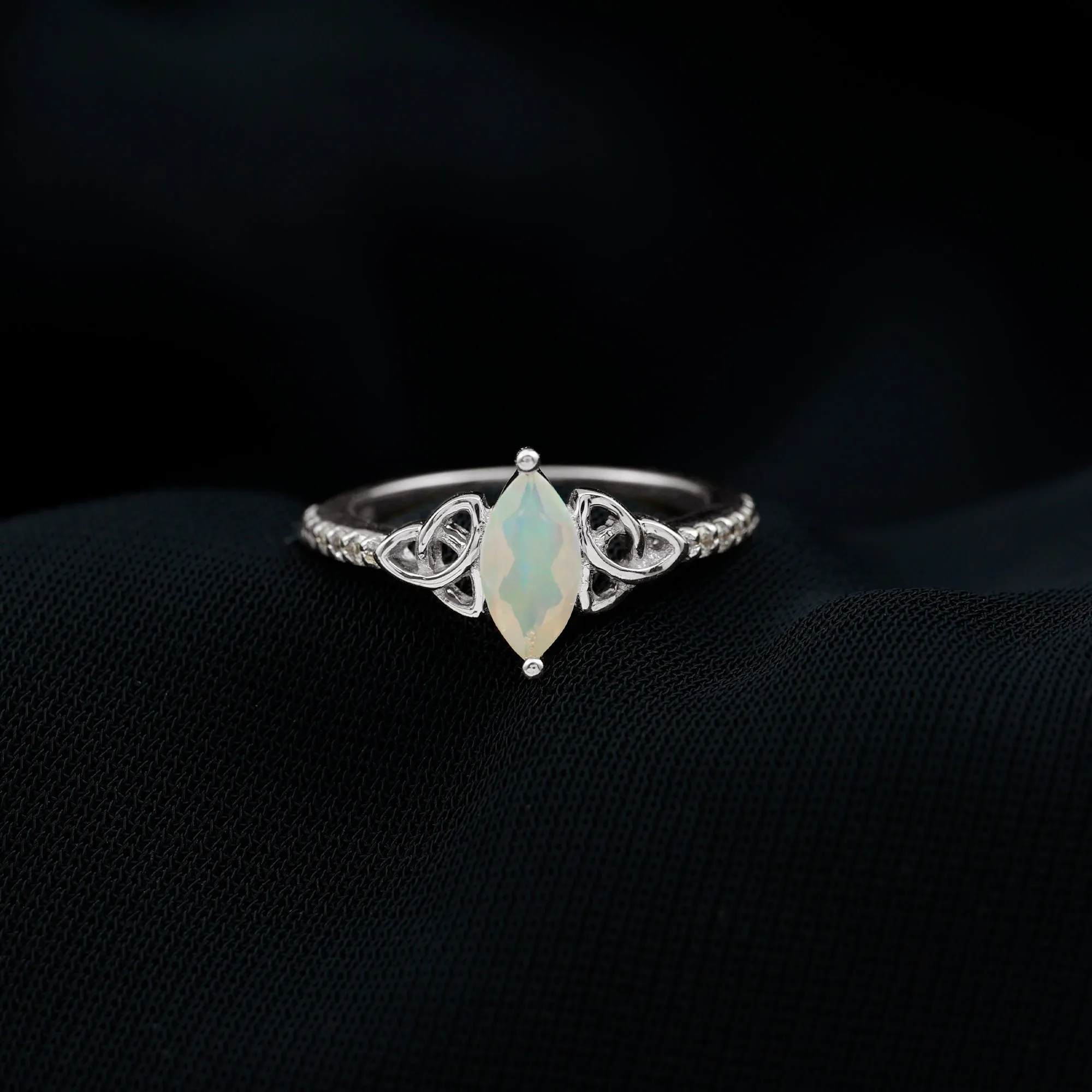 Gold Celtic Knot Solitaire Ring with Marquise Cut Ethiopian Opal and Moissanite
