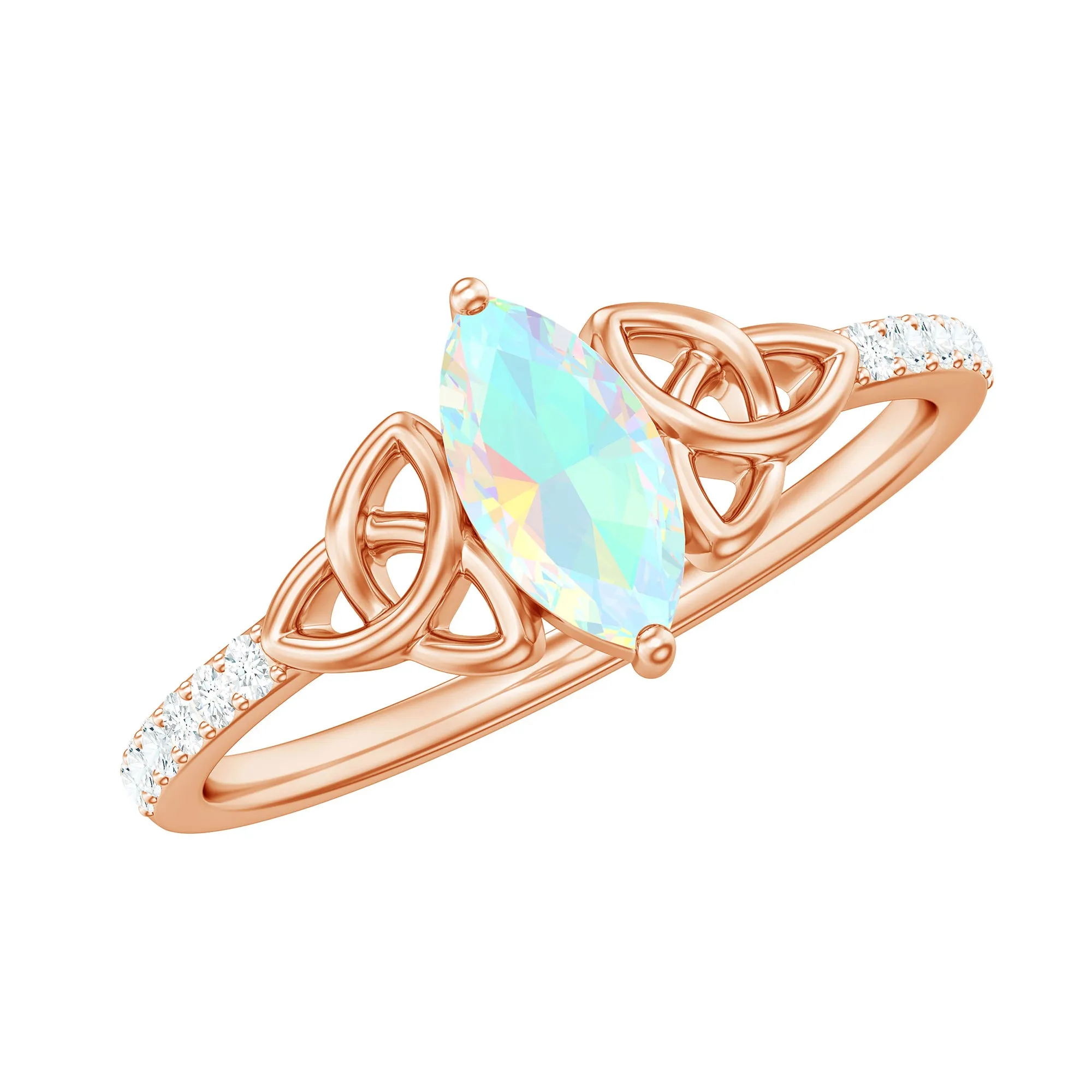 Gold Celtic Knot Solitaire Ring with Marquise Cut Ethiopian Opal and Moissanite