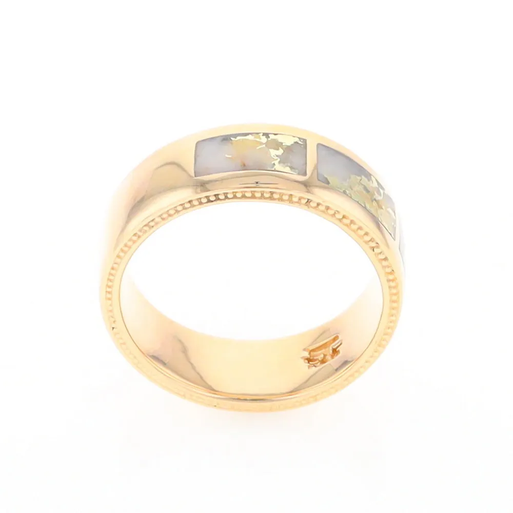 Gold Quartz Ring 3 Section Rectangle Inlaid Band with Milgrain Design